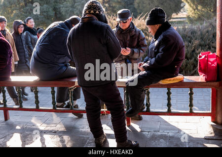 Personnes âgées Les personnes bénéficiant de Chinois leur temps libre par une journée d'hiver au parc du Temple du Ciel à Beijing. Banque D'Images