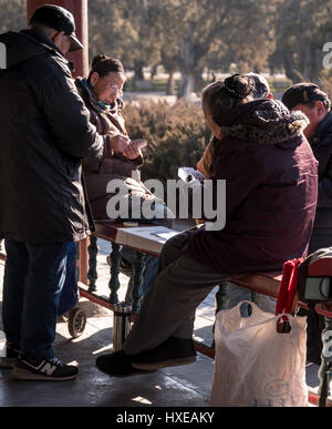 Personnes âgées Les personnes bénéficiant de Chinois leur temps libre par une journée d'hiver au parc du Temple du Ciel à Beijing. Banque D'Images