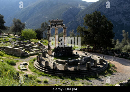 Le Tholos au sanctuaire d'Athéna Pronaia, un bâtiment circulaire avec des colonnes doriques 380 BC . Delphes Grèce Banque D'Images