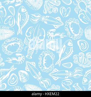 Modèle transparent avec divers fruits de mer. Illustration de poisson, mollusques et crustacés Illustration de Vecteur