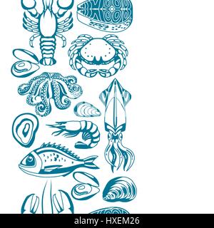 Modèle transparent avec divers fruits de mer. Illustration de poisson, mollusques et crustacés Illustration de Vecteur