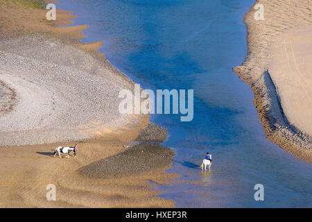 Horseriders sur la plage à trois falaises Bay sur la péninsule de Gower, dans le sud du Pays de Galles, Royaume-Uni Banque D'Images