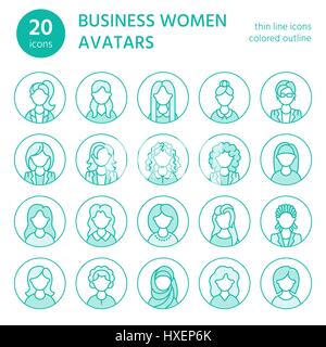 Icônes de ligne de personnes, business woman avatars. Aperçu des symboles de professions féminines, secrétaire, gestionnaire, enseignant, étudiant. Les jeunes filles signes linéaires minces Illustration de Vecteur