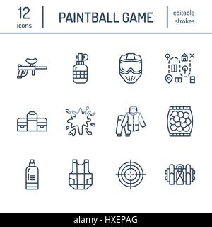 Icônes de ligne de jeu de paintball. L'équipement de sport de plein air, paint ball marker, uniforme, masque, protection de la poitrine. Loisirs extrêmes signes linéaires minces Illustration de Vecteur