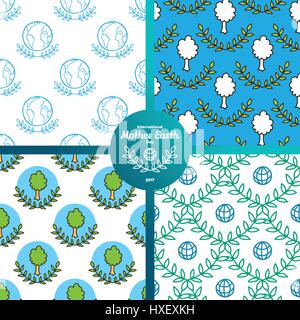 La Journée internationale de la Terre nourricière, le 22 avril. Seamless pattern set écologie, vector raccordable origines. La planète Terre, planète, arbre et branche d'olivier. Part Illustration de Vecteur