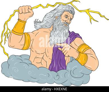 Croquis dessin illustration style de Zeus, le dieu grec du ciel et maître des dieux de l'Olympe brandissant tenant un foudre thunderbolt à la recherche Illustration de Vecteur