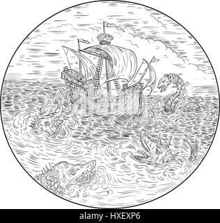 Croquis dessin illustration de style d'un grand voilier naviguant dans la mer océan turbulent avec les serpents et les dragons de mer autour de définir à l'intérieur du cercle en noir un Illustration de Vecteur