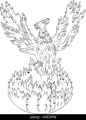 Croquis dessin illustration de style un phénix jusqu'à partir de Fiery flammes, les ailes soulevées pour le vol effectué en noir et blanc sur blanc retour isolés Illustration de Vecteur