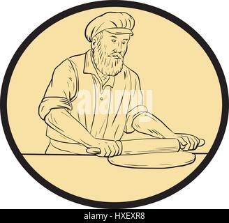 Croquis dessin illustration style de chef cuisinier d'un boulanger à l'époque médiévale holding rouleau à pâte sur le matériel roulant vue de l'avant ensemble à l'intérieur de la forme ovale Illustration de Vecteur