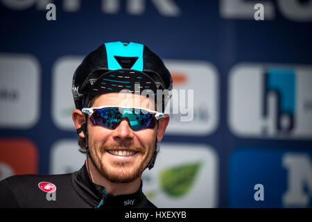 Wavre, Belgique. 24 mars, 2017. Luke Rowe (Ciel) au début de la 2017 E3 Harelbeke une course cycliste. Banque D'Images