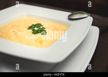 Soupe de potiron à la plaque blanche avec des feuilles de persil Banque D'Images