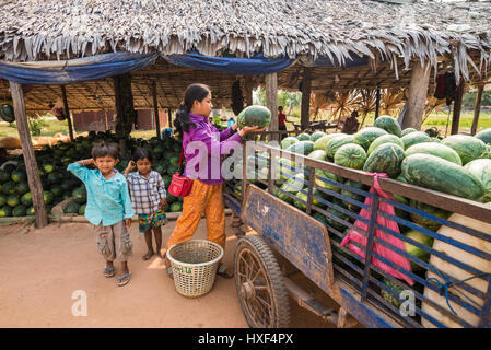 Boutique avec les pastèques sur la rue de la ville Siem Reap , Cambodge, en Asie. Banque D'Images