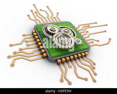 3d illustration de processeur d'ordinateur d'or sur fond blanc avec pignon Banque D'Images