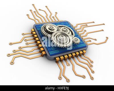3d illustration de processeur d'ordinateur d'or sur fond blanc avec pignon Banque D'Images