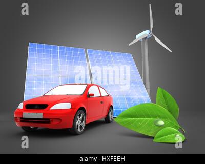 Illustration 3d de voiture sur fond gris avec de l'énergie solaire et éolienne et de feuilles Banque D'Images