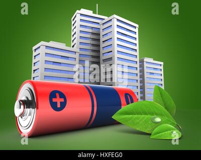 3d illustration de batterie sur fond vert avec ville et vert feuille Banque D'Images