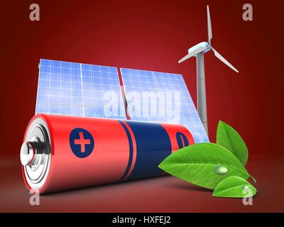 3d illustration de batterie sur fond rouge avec de l'énergie solaire et éolienne et de feuilles Banque D'Images