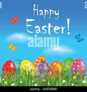 Carte de vœux de Pâques avec des œufs colorés. Nature fond avec papillon volant au-dessus de l'herbe et de fleurs. Illustration de Vecteur