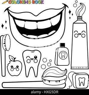 Ensemble d'objets d'hygiène dentaire. Brosse à dents, dentifrice et fil dentaire. Brossage et nettoyage des dents. Page de coloriage noir et blanc vectoriel. Illustration de Vecteur