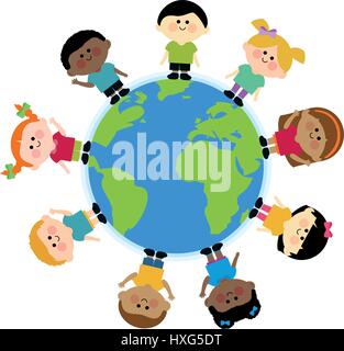 Groupe d'enfants multi ethnic debout autour de la terre Illustration de Vecteur