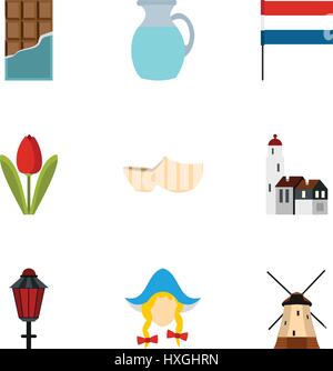 Pays Hollande icons set, style plat Illustration de Vecteur