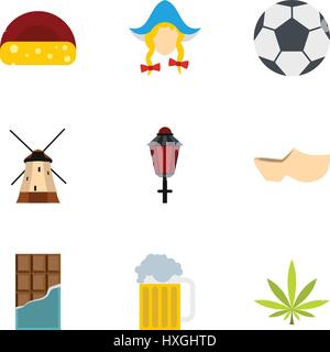 Maison de vacances en Hollande icons set, style plat Illustration de Vecteur