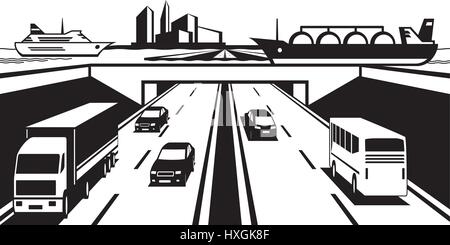Pont au-dessus de l'autoroute de l'eau - vector illustration Illustration de Vecteur