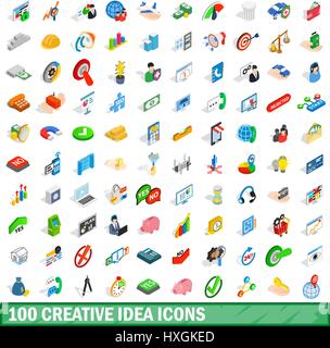 Idée créative 100 icons set, style 3D isométrique Illustration de Vecteur