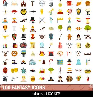 100 icônes de fantaisie, jeu style plat Illustration de Vecteur