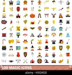 100 icons set magique, style plat Illustration de Vecteur