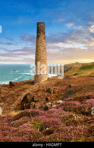 Cheminée en ruine d'une mine d'étain de Cornouailles, Cornwall Banque D'Images