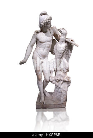 Sculpture en marbre romain de Ganymède avec un aigle, un 2ème siècle AD, inv 6405, Musée National d'Archéologie de Naples, Italie, fond blanc Banque D'Images