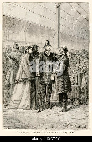 "Je vous arrêter au nom de la Reine" de 'autour du monde en quatre-vingts jours de Jules Verne (1828-1905) publié en 1873 avec des illustrations de Alphonse-Marie-Adolphe de Neuville (1835-1885) et Léon Benet (1839-1917) et les gravures de Louis Dumont (né en 1822) et Adolphe François Pannemaker (1822-1900). Banque D'Images