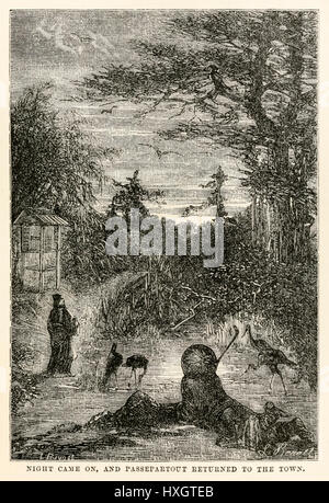 "La nuit vint, et le retour à la ville Pasepartout." à partir de 'autour du monde en quatre-vingts jours de Jules Verne (1828-1905) publié en 1873 avec des illustrations de Alphonse-Marie-Adolphe de Neuville (1835-1885) et Léon Benet (1839-1917) et les gravures de Louis Dumont (né en 1822) et Adolphe François Pannemaker (1822-1900). Banque D'Images