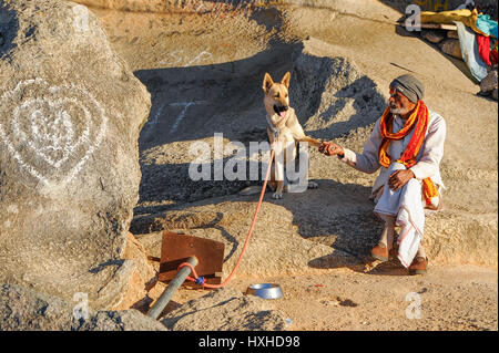 Chien alsacien offrant à patte de crapaud propriétaire Rock, Mt Abu Banque D'Images