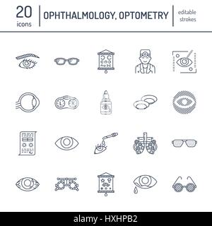 L'ophtalmologie, la ligne de soins de santé des yeux des icônes. Équipements en lunetterie, lentilles de contact, lunettes, la cécité. Correction de vision linéaire minces panneaux pour c'oculiste Illustration de Vecteur