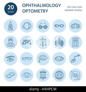 L'ophtalmologie, la ligne de soins de santé des yeux des icônes. Équipements en lunetterie, lentilles de contact, lunettes, la cécité. Correction de vision linéaire minces panneaux pour c'oculiste Illustration de Vecteur