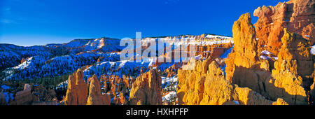 Tôt le matin dans un froid glacial jour d'hiver donnant sur un gigantesque amphithéâtre naturel créé par l'érosion au Parc National de Bryce Canyon dans l'Utah, USA. Banque D'Images