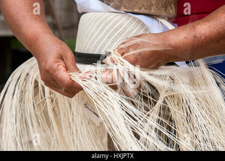 Le tissage traditionnel des chapeaux de paille toquilla équatorienne - UNESCO Patrimoine Culturel Immatériel de l'humanité Banque D'Images