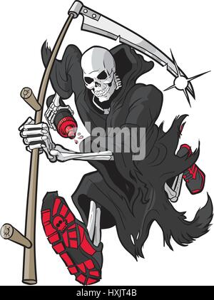 Vector cartoon clip art illustration d'un Faucheur ou Ange de la mort en marche en avant vers le spectateur avec une faux, des chaussures d'athlétisme et d'un bo Illustration de Vecteur