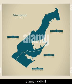 Carte moderne - Monaco avec les districts détaillée MC Illustration de Vecteur