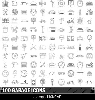 100 garage icons set style du contour, Illustration de Vecteur