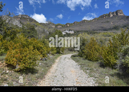Le passage rocheux est le long de la pente de la montagne au-dessus du monastère de San Salvador de Leyre. Banque D'Images