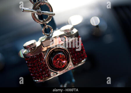 Mini caméra avec collier de pierres rouges. Banque D'Images