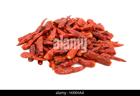 Spicy red birds eye chili peppers, isolé sur fond blanc Banque D'Images