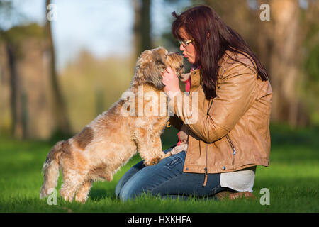 Photo d'une jeune femme embrassant un joli chien Banque D'Images