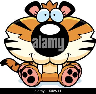 Un cartoon illustration d'un tigre à dents de sabre assis et souriant. Illustration de Vecteur