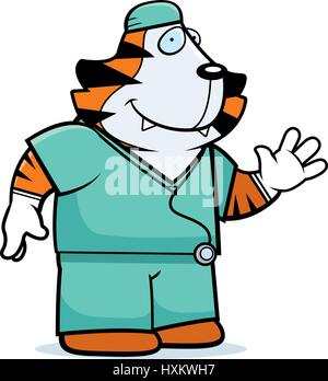 Illustration d'une caricature d'un médecin de tiger dans scrubs. Illustration de Vecteur