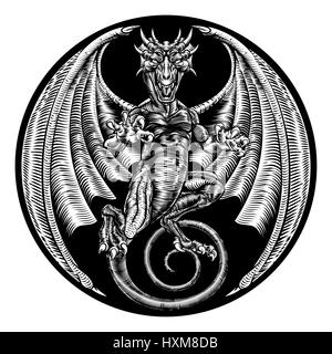 Retro Vintage illustration d'un dragon dans une gravure sur bois gravé style dans forme du cercle Banque D'Images