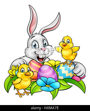Cartoon Lapin de Pâques, poussins, Œufs de Pâques et fleurs de printemps Banque D'Images